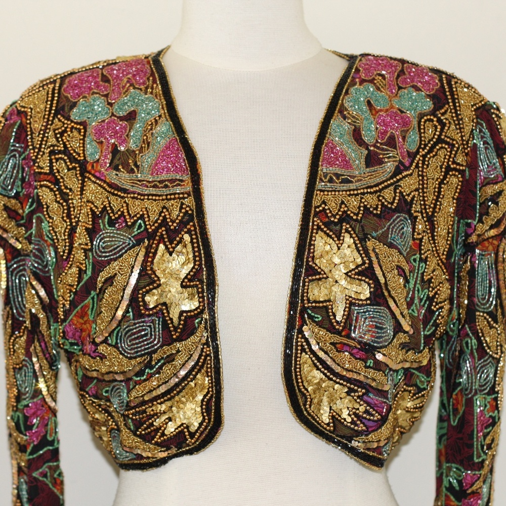 JASDEE Vintage Bolero Jacket Hand Work Bead Sequin Hand Print On Silk Style 5040